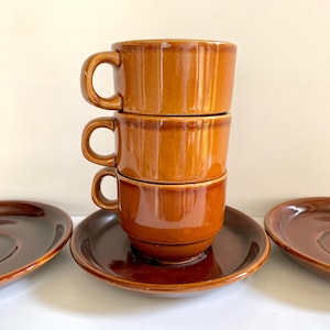 Set of 3 glazed ceramic vintage coffee cups and saucers - made in England