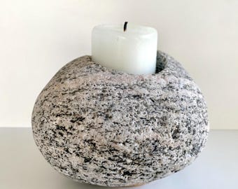 Vintage 70s Svane Stone Swede granite candle holder - natural stone candlestick