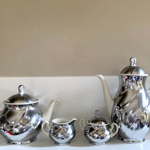 Vintage Demeyere Porcelain Tea & Coffee Set: Silver Enameled 4-Piece Service