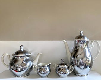 Vintage Demeyere Porcelain Tea & Coffee Set: Silver Enameled 4-Piece Service