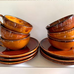 Set of 6 ST Clement France glazed ceramic vintage coffee cups and saucers
