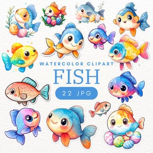 22 vis Clipart JPG - leuke en kleurrijke oceaandieren, tropisch zeeleven, handgetekende digitale afbeeldingen voor creatieve projecten