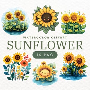 16 aquarel zonnebloem clipart png-bloemen afbeelding en illustratie | Afdrukbare zonnebloemkunst voor digitaal ontwerpen en direct downloaden