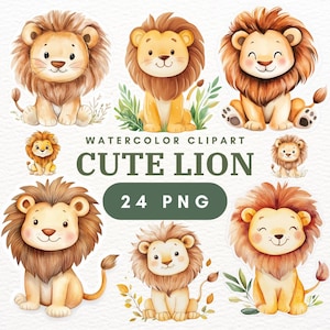 24 imágenes prediseñadas de león lindo (PNG) - Ilustración y gráficos de león en acuarela / Arte de león imprimible para manualidades digitales y descarga instantánea