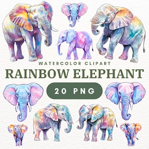 20 PNG Rainbow Elephant Clipart – Cute Cartoon Indian, Asian & African Elephants, Watercolor Paintings, Elephant Family PNG