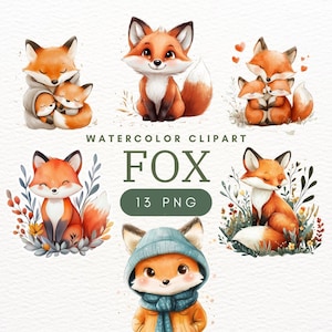 13 Clipart renard mignon PNG - Illustration d'animaux de la forêt et de la forêt | Art numérique imprimable et aquarelle de renard pour téléchargement immédiat