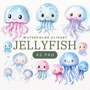 42 Qualle Clipart PNG, Aquarell Meerestiere, Meeresbewohner digitaler Download für Einladungen & Scrapbooking