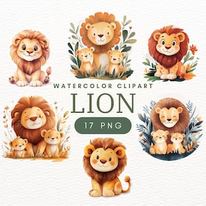 17 Cute Lion Clipart PNG - Gráfico e ilustração de leão em aquarela | Arte de leão para impressão para artesanato digital e download instantâneo