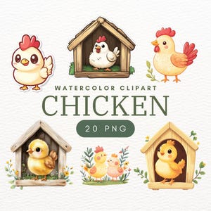 20 Cute Chicken Clipart PNG - Watercolor Chicken Graphic&Illustration | Printable Chicken Art for Digital Crafting and Instant Download