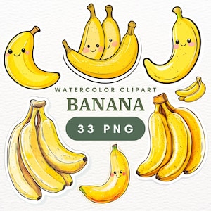 Clipart banane au format PNG, aquarelle : dessins de fruits, autocollants, illustration, impression d'art, griffonnage, motif, vecteur, mignon