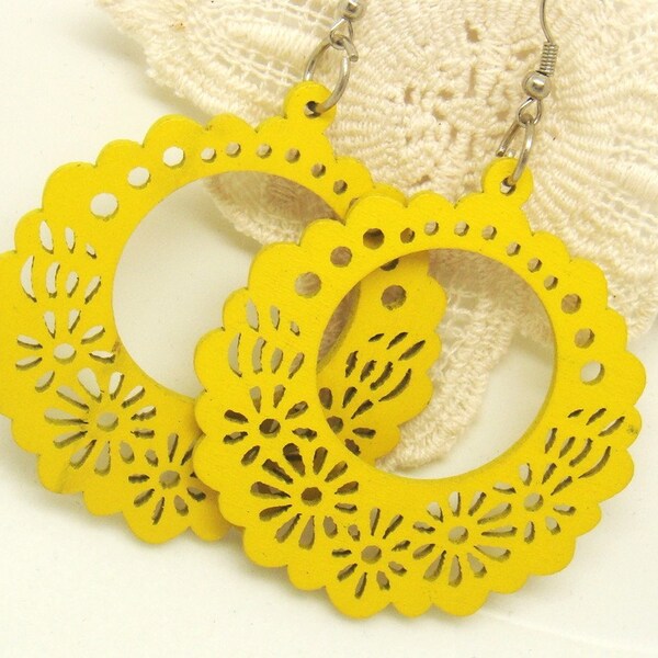 Yellow Flower shaped Ornate Wooden Filigree Dangling Retro Earrings
