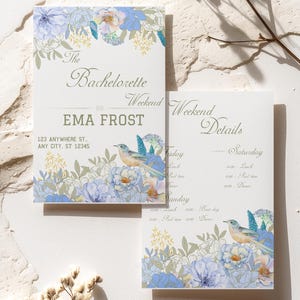 Itinerario y plantilla de invitación editables para despedida de soltera / Horario de despedida de soltera con flores azules / Tarjeta imprimible para despedida de soltera