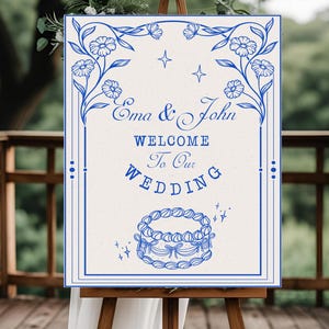 Editable Wedding Welcome Sign Template | Blue Floral Wedding Sign | Digital Wedding Poster | Blue Vintage Style Template – Instant Download