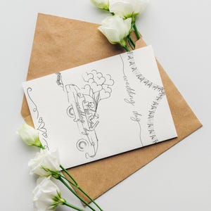 Modern Line Art Wedding Day Card – Minimalist Just Married Car Illustration, Printable Wedding Greeting Card for Newlyweds, Instant Download