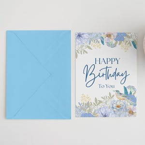 Blumige Geburtstagskarte mit Vogel – Elegante digitale Geburtstagskarte – druckbarer Natur-inspirierter Gruß für Sie