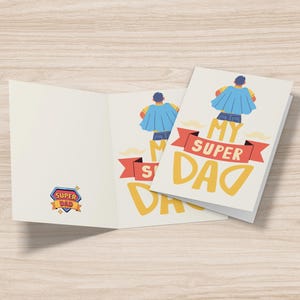 Cartão para impressão My Super Dad – Cartão digital divertido e colorido para o Dia dos Pais – Presente fofo para um pai herói das crianças – Cartão de felicitações para download instantâneo
