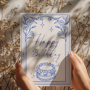 Cartão de aniversário floral para impressão - Cartão de feliz aniversário com arte em linha - Download instantâneo de saudação digital para ela ou ele