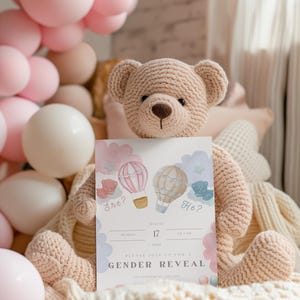 Convite para Revelação do Sexo do Bebê | Cartão para Chá de Bebê com Balão de Ar Quente Rosa ou Azul | Download Digital Editável e Imprimível