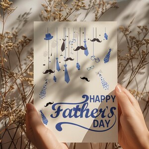 Leuke en speelse Vaderdagkaart – 'The Best Dad Ever'-ontwerp met stropdassen, snorren en accessoires – afdrukbare digitale download