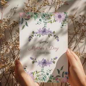 Cartão de Dia das Mães para impressão instantânea, cartão digital com rosas delicadas pintadas e floridas para a mãe