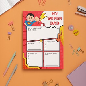 Super Dad Vatertag Printable | Kinder Geschenk Seite ausfüllen | Lustige Vatertagsaktivität | Zeichne Papa Seite | Digitaler Download