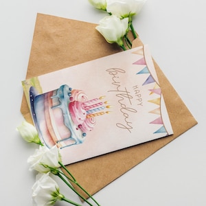 Cartão de aniversário em aquarela para impressão - Bolo fofo para download digital - Cartão de feliz aniversário instantâneo para crianças e adultos