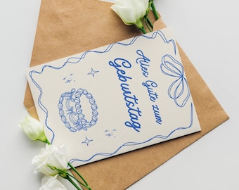 Handgezeichnete Geburtstagskarte – Alles Gute zum Geburtstag – Blaue Deko & Torte – Digitale Grußkarte