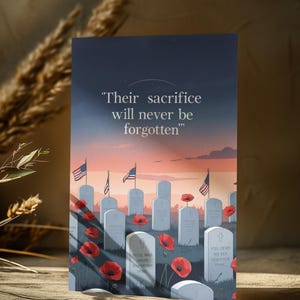 Tarjeta digital del Día de los Caídos, ilustración de cementerio patriótico, homenaje a veteranos imprimible, descarga instantánea del Día del Recuerdo