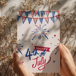 Happy 4 juli digitale wenskaart | Afdrukbare kaart voor patriottische onafhankelijkheidsdag | Rood-wit-blauwe VS Celebration-muurkunst