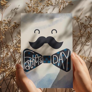 Cartão de Dia dos Pais – Cartão engraçado para impressão com bigode e gravata borboleta – Download digital para pais descolados – Presente instantâneo para crianças ou adultos