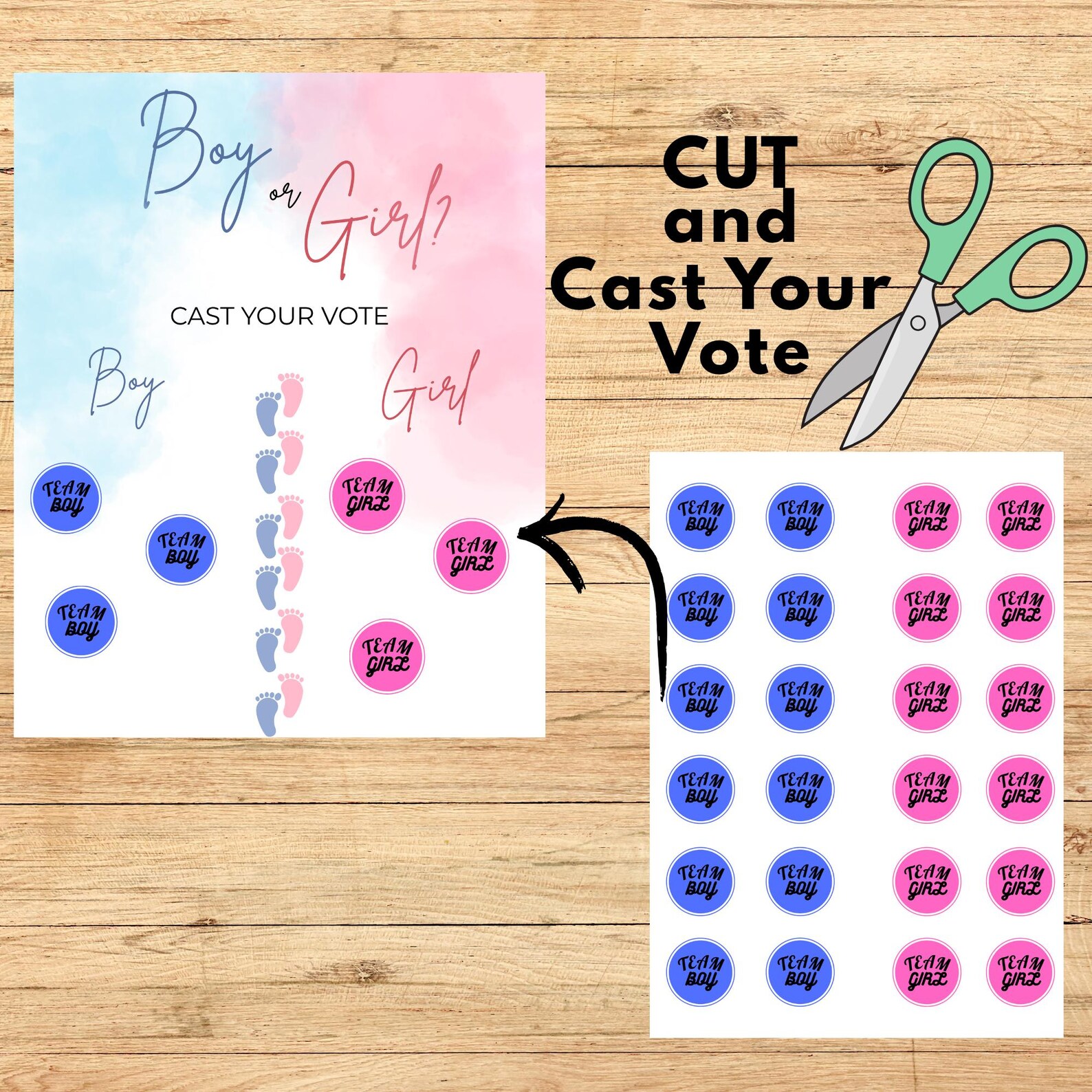 Gender Reveal Guessing Game Board, Pink Blue Baby Footprint Vote Sign ...