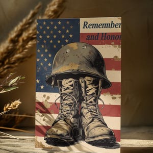 Carte imprimable Memorial Day – art mural patriotique vintage bottes et casque militaires