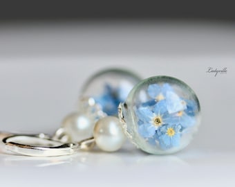 Earrings Forget-me-not flowers, pressed flowers Forget-me-not in glass ball with pearl / Gift lovers / Gift for girlfriend
