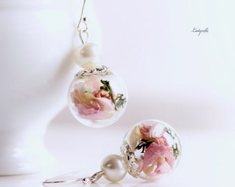 Silver earrings rose petals and moss with beads / 925 / gift for lovers / gift for her / best friend / fiancée / mother /