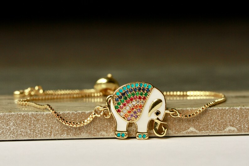 Bracelet éléphant zircone émaillé comme un beau cadeau pour elle, un véritable bracelet plaqué or avec une perle coulissante, taille réglable image 2