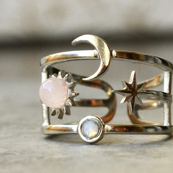 Celestial ring rose quartz with sun moon and stars as astrology jewelry the perfect gift for her