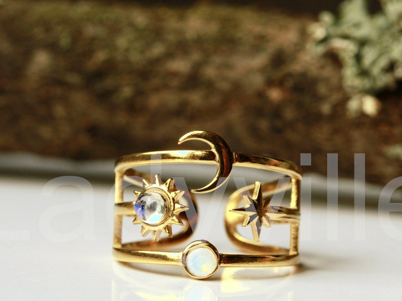 Anillo celestial Sol Luna Estrellas Piedra lunar Opalita Oro Original Ladyville Diseño Astrología Anillo de cuerpo celestial Regalo para ella imagen 3