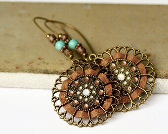 Pendientes vintage boho - estilo bronce / pendientes retro esmalte mandala / pendientes bronce antiguo / regalo para ella / joyería hippie