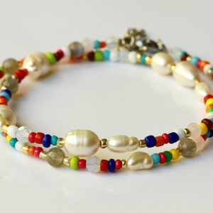 Damenkette Perlenkette Süßwasserperlen Labradorit Opalit Miyuki bunt Geschenk für sie für Frauen Schwester Freundin Mutter zdjęcie 5