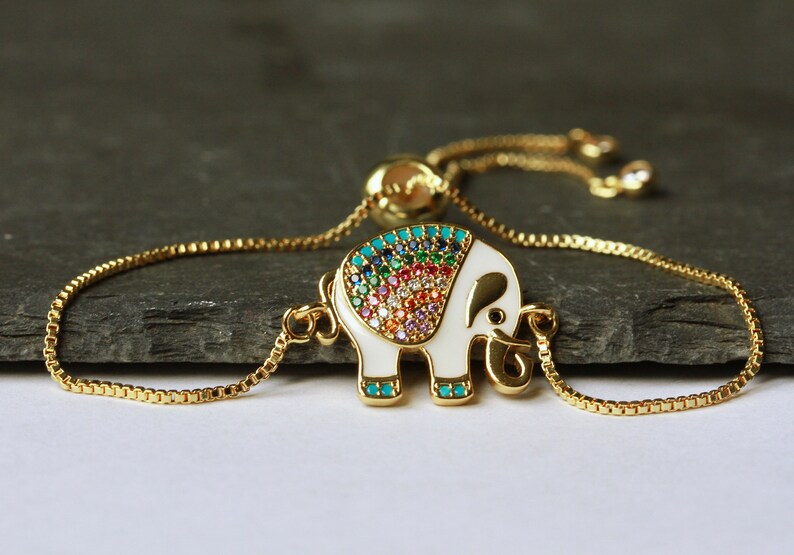 Bracelet éléphant zircone émaillé comme un beau cadeau pour elle, un véritable bracelet plaqué or avec une perle coulissante, taille réglable image 6