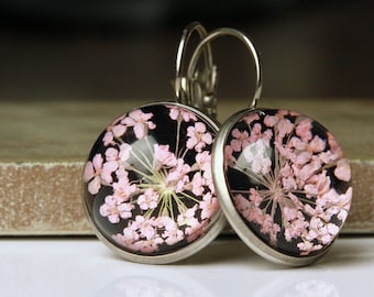 Earring pressed flowers dill blossom glass cabochon bronze vintage style or modern silver natural jewelry as a floral gift for her