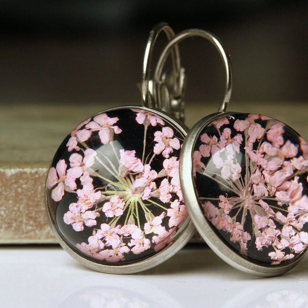 Earring pressed flowers dill blossom glass cabochon bronze vintage style or modern silver natural jewelry as a floral gift for her