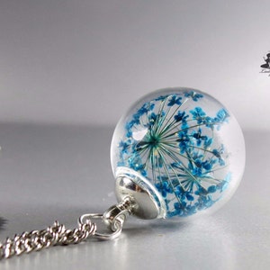 Necklace - Real blue Queen Anne&#39;s lace (dill) flowers in a hand blown glass ball