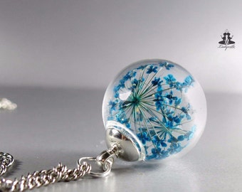 Necklace - Real blue Queen Anne's lace (dill) flowers in a hand blown glass ball