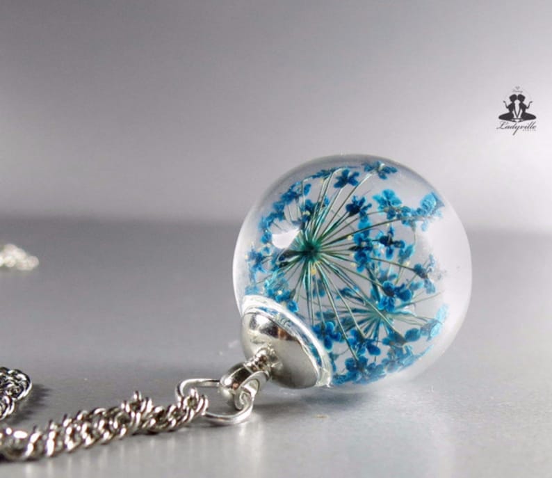 Necklace Real blue Queen Anne's lace dill flowers in a hand blown glass ball image 1