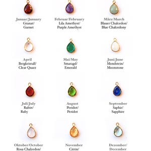 May include: Twelve teardrop-shaped gemstone pendants in gold settings are displayed. Each pendant represents a birthstone, with names in German and English. The gemstones include garnet, amethyst, emerald, ruby, and sapphire.