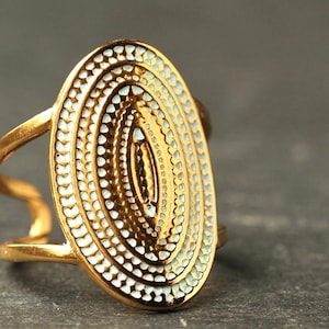 Boho ring patina real gold plated with geometric mandala as a special gift for her