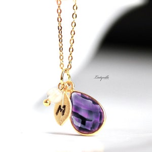 Personalized Amethyst Birthstone Necklace: Leaf with Initial and Gemstone Necklace to Choose From