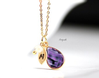 Necklace Amethyst Initial real gold-plated gemstone necklace Personalizable with birthstone and chalcedony romantic gift for her