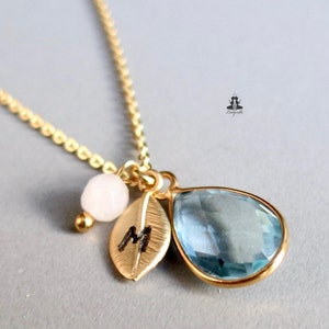 Collar con inicial de topacio, hoja de cuarzo rosa, plata de ley chapada en oro, regalo personalizado hecho a mano para ella para novia, mujer, madre
